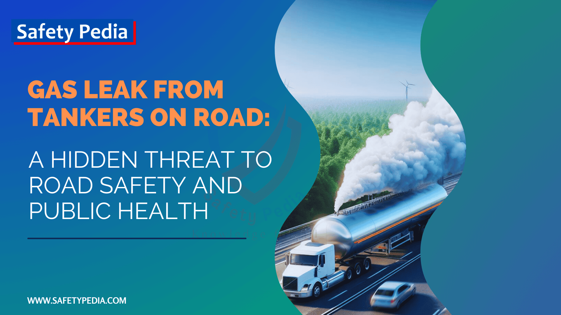 A gas tanker moving on a highway, white gas vapors cloud leakage observed from gas tanker, background blue sky and green trees, other vehicles are also moving along.