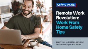 A man with smiling face working on laptop. A cup tea is on the table. Work from safety tips