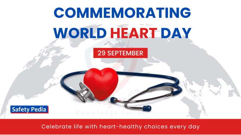 A red heart resting on a stethoscope, with the text "Commemorating World Heart Day, 29 September" and "Celebrate life with heart-healthy choices every day." The image is from Safety Pedia, a source of knowledge for all.