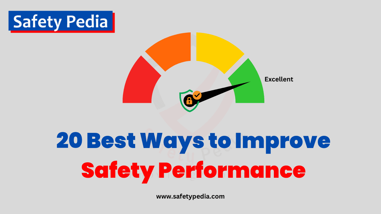 A speedometer graphic with a needle pointing to the "Excellent" zone, indicating high safety performance. The text "20 Best Ways to Improve Safety Performance".